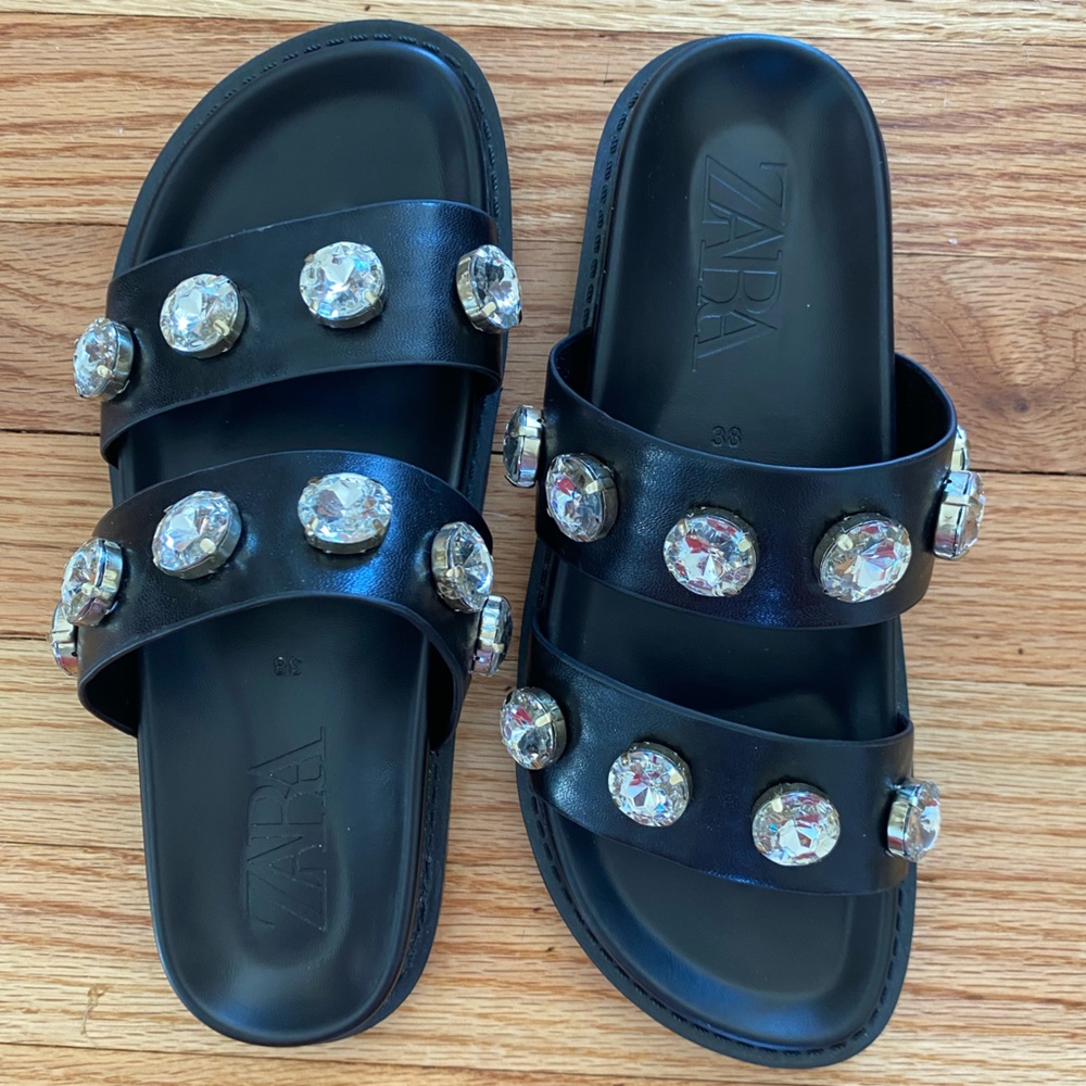 Zara • Black slides with faux rhinestones